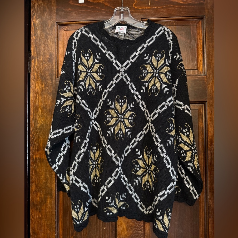Vintage Nutcracker Holiday Black Sweater LARGE Silver Gold Crew Long Slv Womens